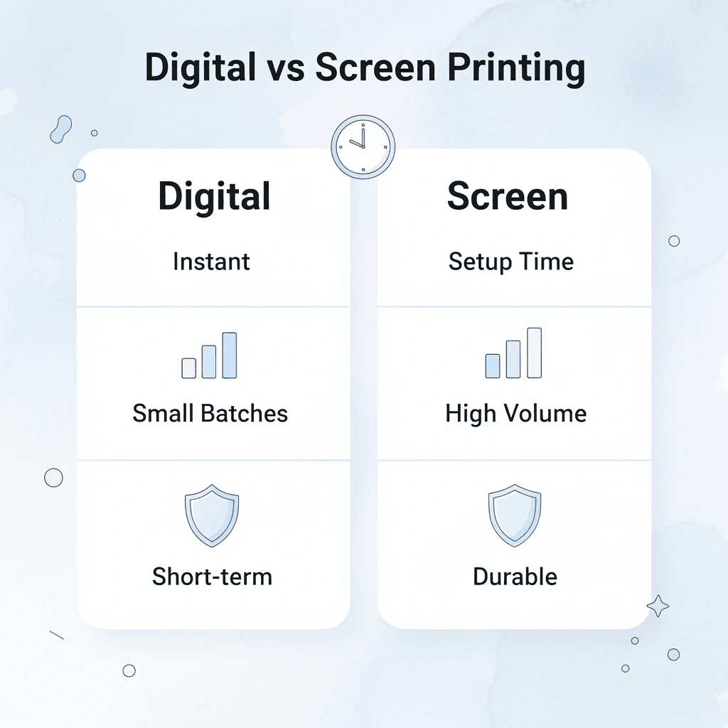 Comparison chart of digital printing versus screen printing features - Digital Print Shirt vs Screen Print 